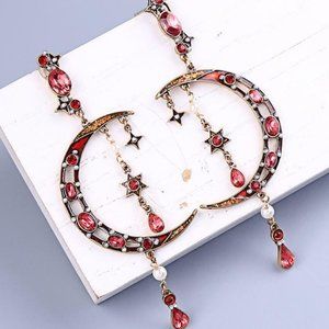 Red Rhinestone MOON & STARS Jewel Dangle Earrings